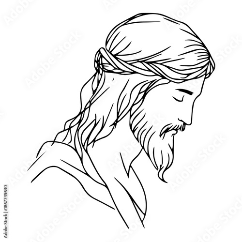 Simple line art illustration of Jesus Christ in profile with eyes closed and head bowed in prayer