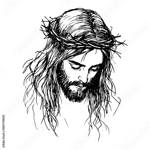 Hand drawn sketch of Jesus Christ wearing the crown of thorns with a sorrowful expression