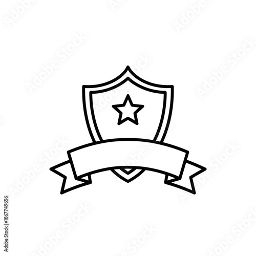 Simple Line Icon of a Shield Badge with a Ribbon and Star for Security or Achievement Symbols