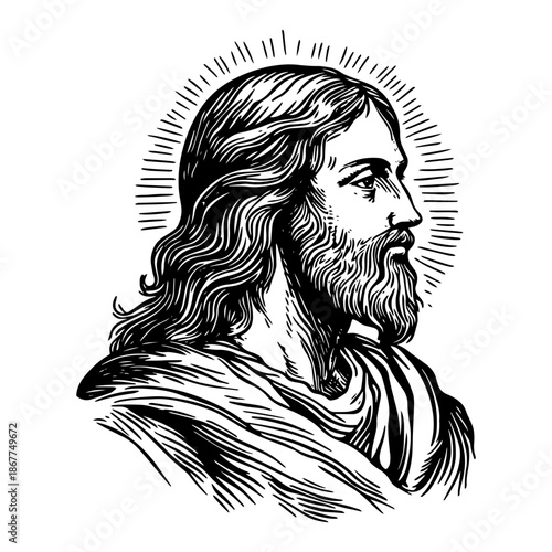 Classic engraving style portrait of Jesus Christ in profile with a radiant halo