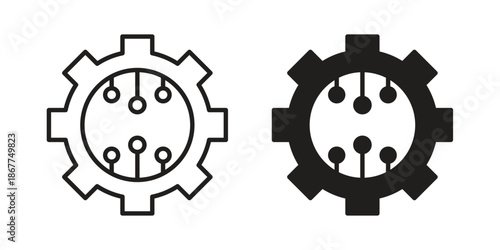 Digital technology gear icons in line art and flat black clipart design style