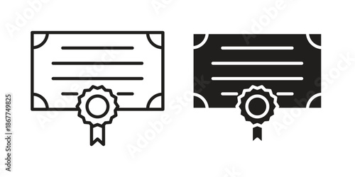 Diploma icons in line art and flat black clipart design style
