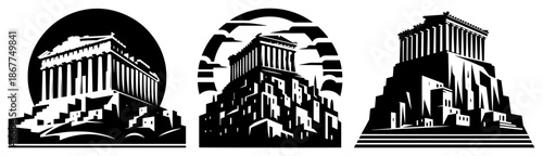 Set of three stylized ancient Greek temple icons inspired by the Parthenon in Athens