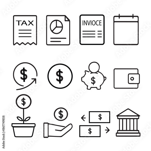 Finance and Accounting Black Line Icons Set, Invoice Tax Payment Outline Vector