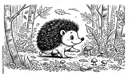 Cute little hedgehog character walking in a forest with mushrooms and trees