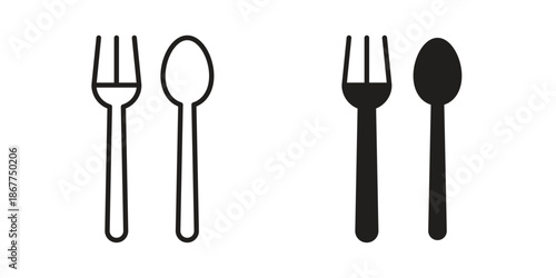 Cutlery icons in line art and flat black clipart design style