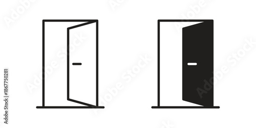Door icons in line art and flat black clipart design style