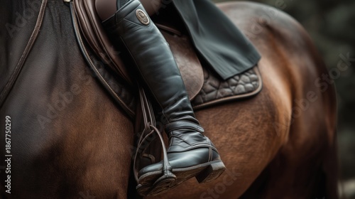 Equestrian boot in stirrup — saddle detail