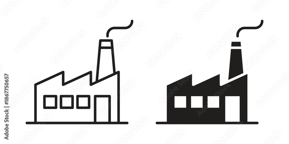 Obraz premium Factory icons in line art and flat black clipart design style