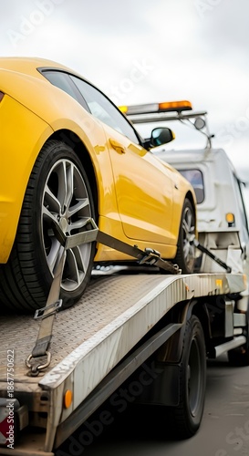 Yellow luxury sports car secured with straps on a flatbed tow truck.