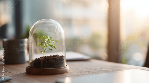 Wallpaper Mural Glass dome protects small plant on wooden table in light-filled room during afternoon Torontodigital.ca