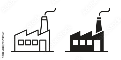 Factory icons in line art and flat black clipart design style