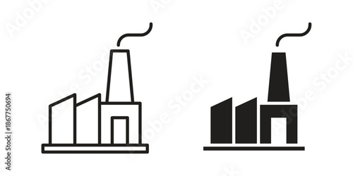 Factory icons in line art and flat black clipart design style