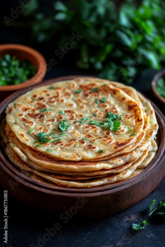 A pile of deliciously cooked flatbreads garnished with fresh herbs in an outdoor setting.