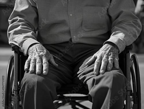 An elderly man sits in a wheelchair. He holds his hands together and looks down. The image is taken indoors and is in black and white.