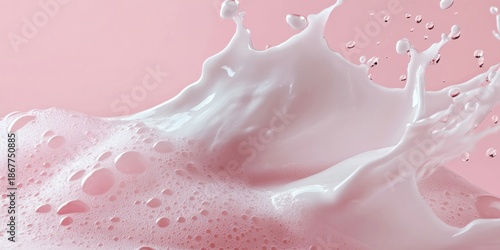 A dynamic splash of milk with frothy bubbles against a pink backdrop.