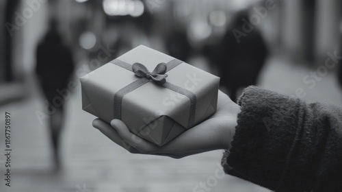 A person holding a beautifully wrapped gift in their left hand.