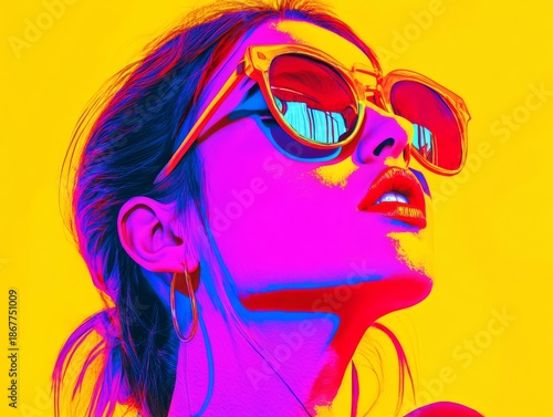 A woman posing for the camera with a vibrant background. She is wearing sunglasses and earrings, looking into the distance with confidence.