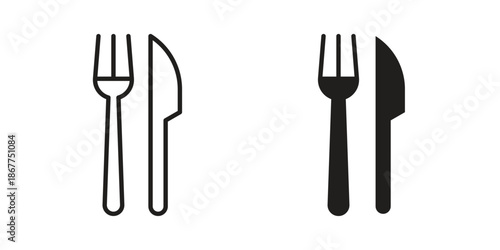 Fork and Knife icons in line art and flat black clipart design style