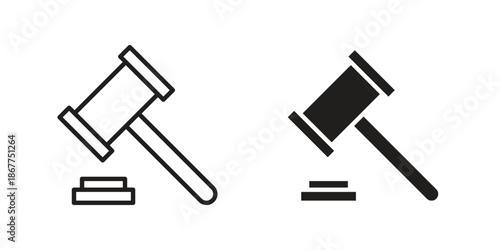 Gavel icons in line art and flat black clipart design style