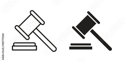 Gavel icons in line art and flat black clipart design style