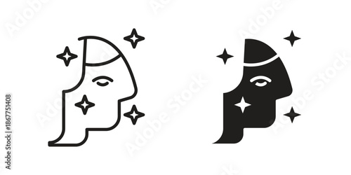 Glowing skin icons in line art and flat black clipart design style