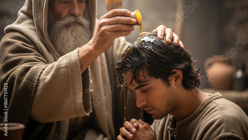 Bearded man anointing young man with oil from a horn, depicting a biblical ritual or consecration ceremony for religious use.