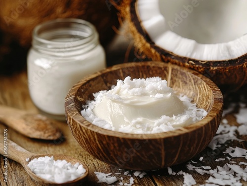 Wooden bowl filled with coconut oil and flakes, surrounded by jars of ingredients on a wooden surface.
