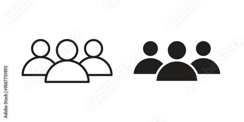 Group icons in line art and flat black clipart design style