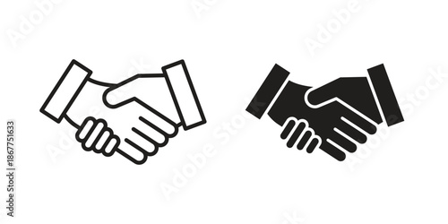Handshake icons in line art and flat black clipart design style