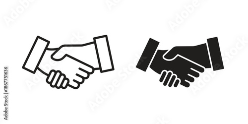 Handshake icons in line art and flat black clipart design style