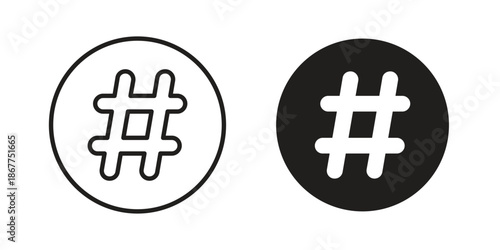 Hashtag icons in line art and flat black clipart design style