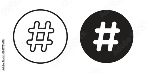 Hashtag icons in line art and flat black clipart design style