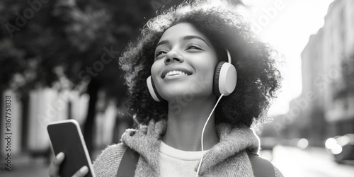 A cheerful young lady walking with headphones and a smartphone in her hand.