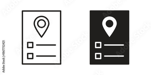 Itinerary icons in line art and flat black clipart design style