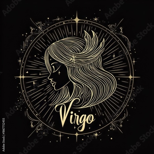 Golden Virgo zodiac art: elegant side profile with stellar ornaments