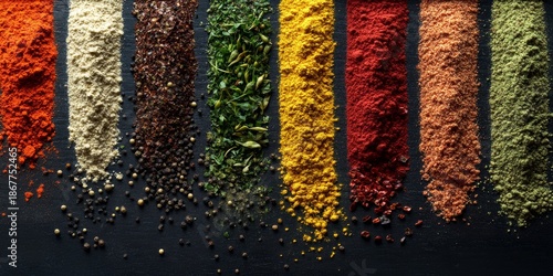 Assorted spices in containers with labels on a gray background.