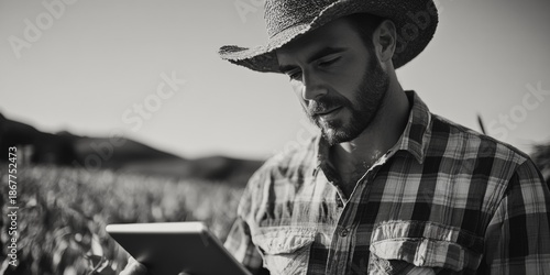 A man wearing a plaid shirt and straw hat is engrossed in a digital book outdoors.