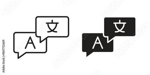 Language icons in line art and flat black clipart design style