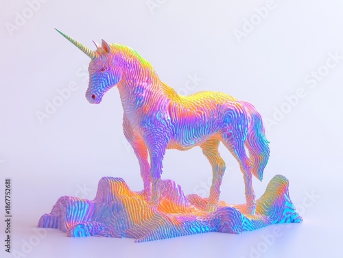 Stylish and vibrant unicorn statue with multicolored mane and tail. Perfect for decorations, gifts or collections.
