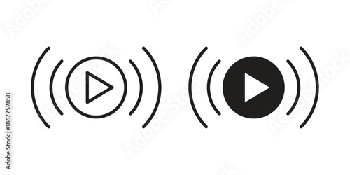 Live streaming icons in line art and flat black clipart design style