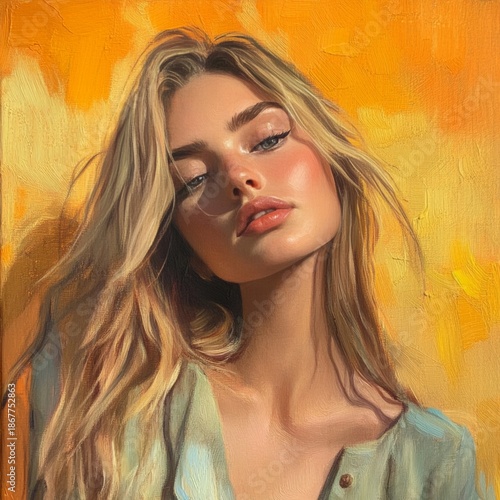 A woman with long blonde hair gazing off into the distance, illuminated by a warm sunbeam on her face and shoulders.