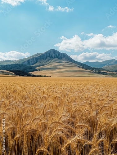 A field of golden wheat with a mountain in the background. The sky is blue and cloudy. The field is very large and the mountain is very tall