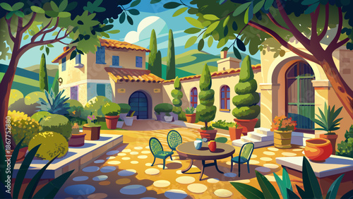 Mediterranean style backyard with olive trees and terrace