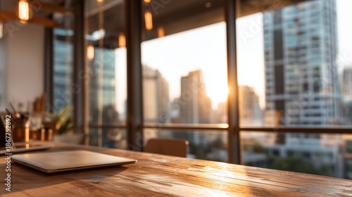 Wallpaper Mural Sunset view from an office with a wooden table and laptop in the foreground Torontodigital.ca