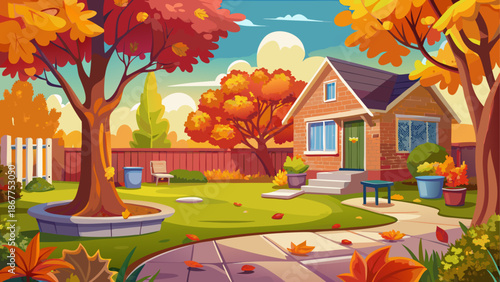 Autumn backyard with colorful trees and fallen leaves