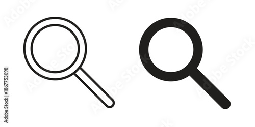 Loupe icons in line art and flat black clipart design style