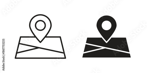 Map icons in line art and flat black clipart design style