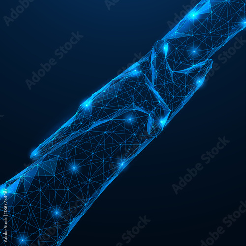 An outstretched helping hand. The concept of support, care and mutual assistance. Polygonal design of interconnected lines and dots, blue background.