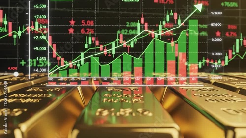 Gold bars with financial charts showing rising price and investment trends on black background, economic data concept.